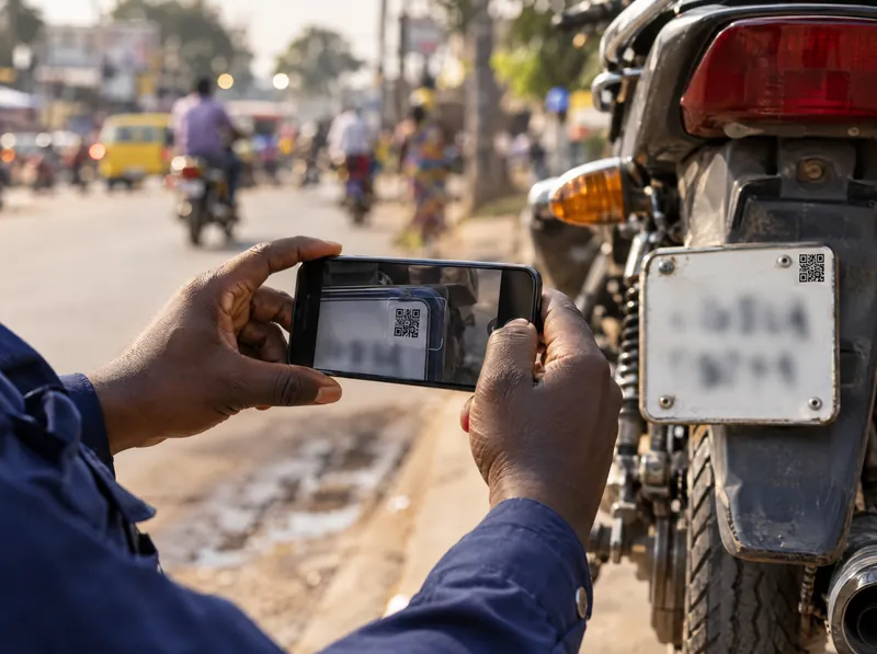 Un agent scanne avec son smartphone le QR code d'une plaque blanche fixée à l'arrière d'une moto, dans une rue de Kinshasa.