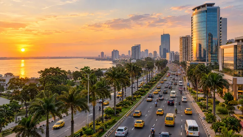 Grande avenue de Kinshasa au coucher du soleil : circulation dense et ordonnée entre les palmiers, tours modernes et fleuve Congo à l'horizon.